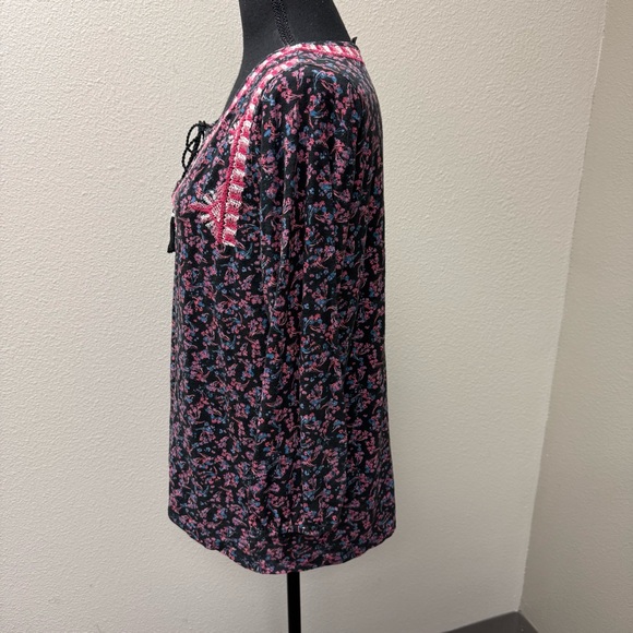 Lucky Brand Black Pink Floral Embroidered Boho Peasant Blouse Tassel Tie XL - Picture 4 of 8